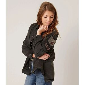 Free People Jacket XS Embellished Military Shirt Oversized Gunmetal Eagle BeadeD